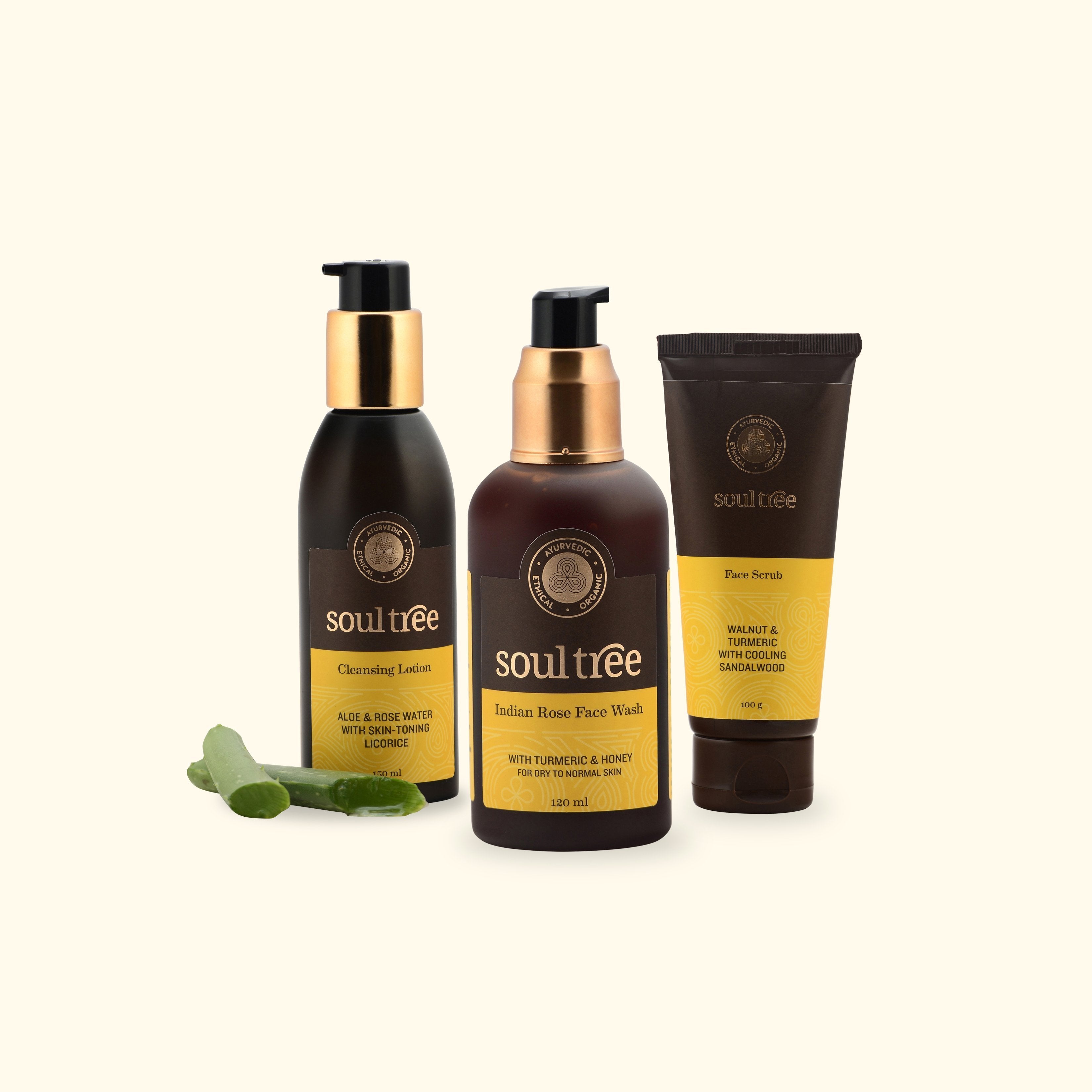 Cleansing Lotion, Indian Rose Face Wash & Walnut and Turmeric Face Scrub Set - SoulTree